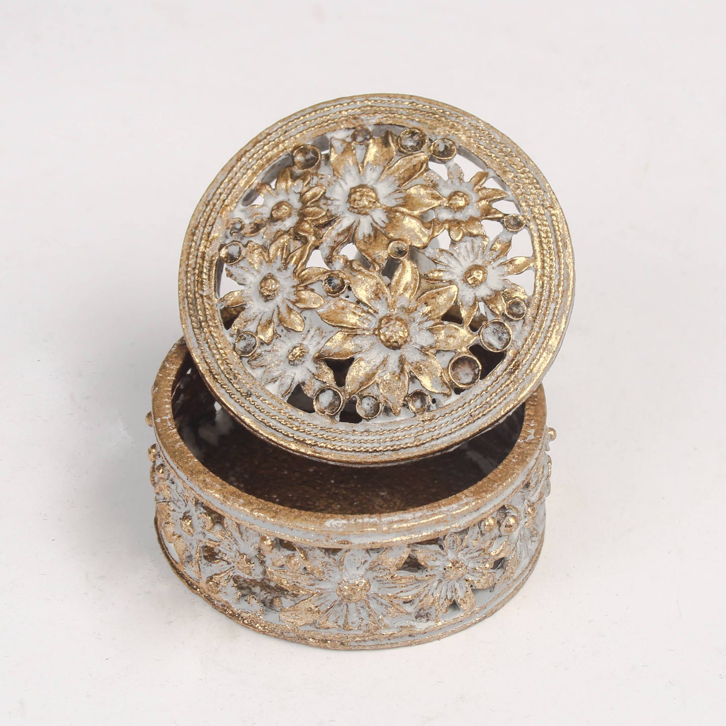 Distressed White & Gold Floral Trinket Box – Great for Dice!