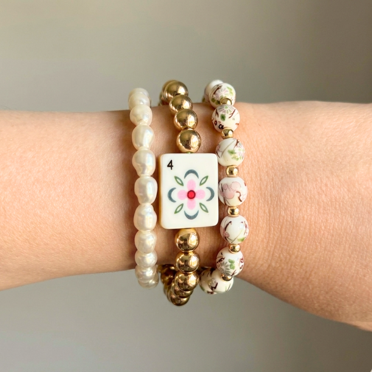 Mahjong Stretch Bracelet Stack – 3 Piece Beaded Set: Lucky Pink