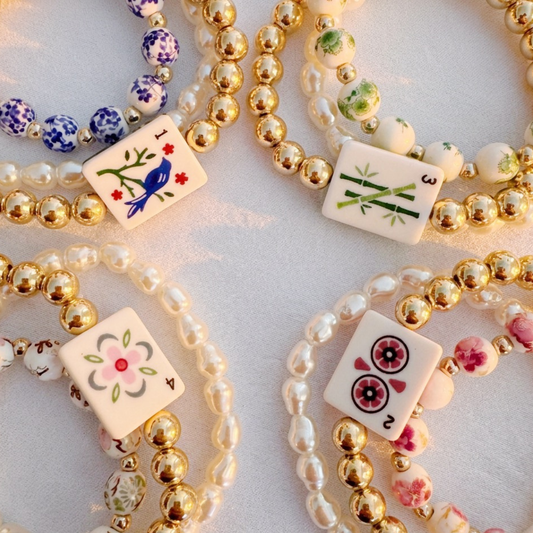 Mahjong Stretch Bracelet Stack – 3 Piece Beaded Set: Lucky Pink