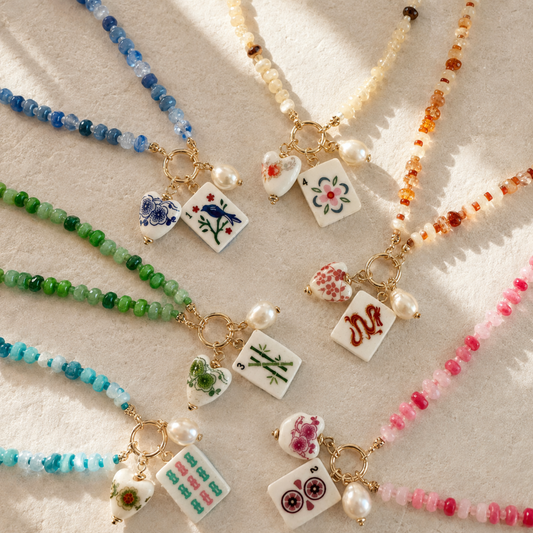 Ellison+Young Mahjong Tile Charm Beaded Necklace: Minty Bamboo