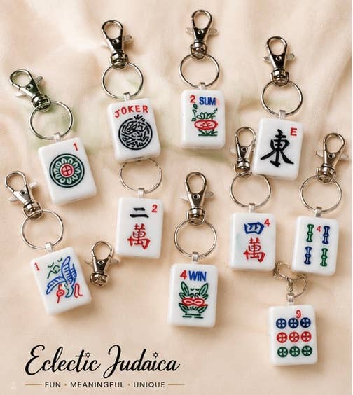 Real Mahjong Tile Keychains: Blue glitter