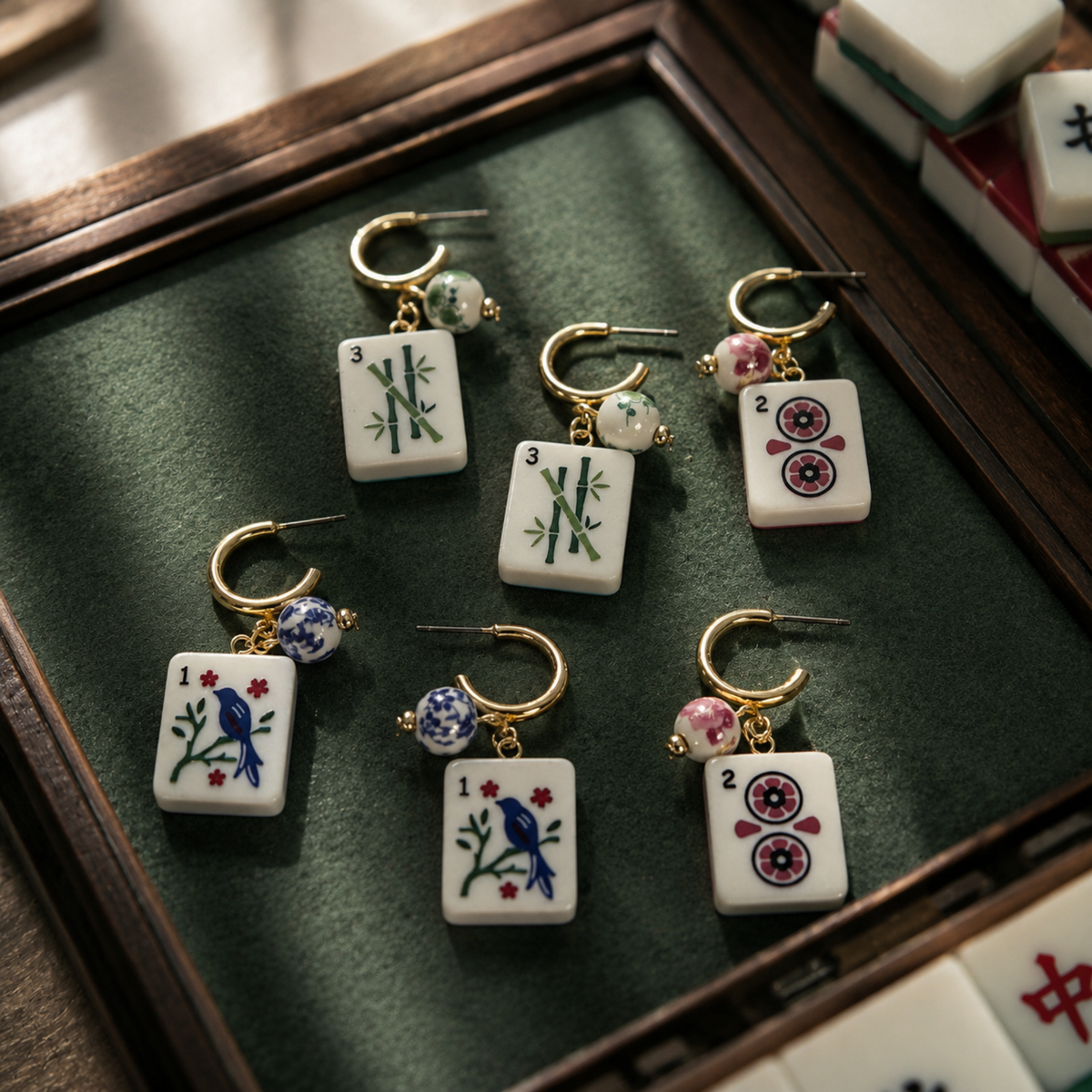 Ellison + Young Mahjong Tile Charm Hoop Earrings: Blue Bird