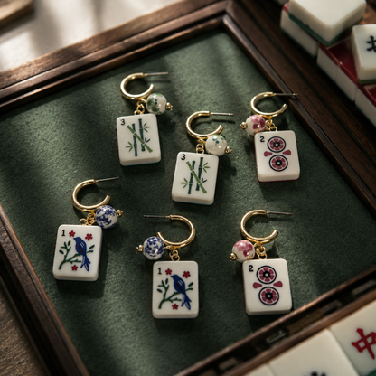 Ellison + Young Mahjong Tile Charm Hoop Earrings: Blue Bird