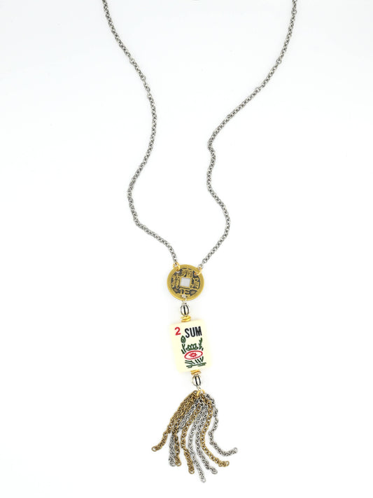 Mahjong Mah Jongg Tile Tassel Necklace with Real Tile
