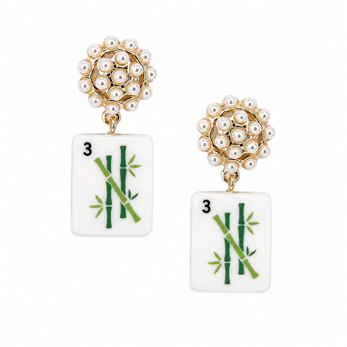 Ellison + Young Mahjong Tile Pearl Cluster Drop Earrings: Jade Bamboo