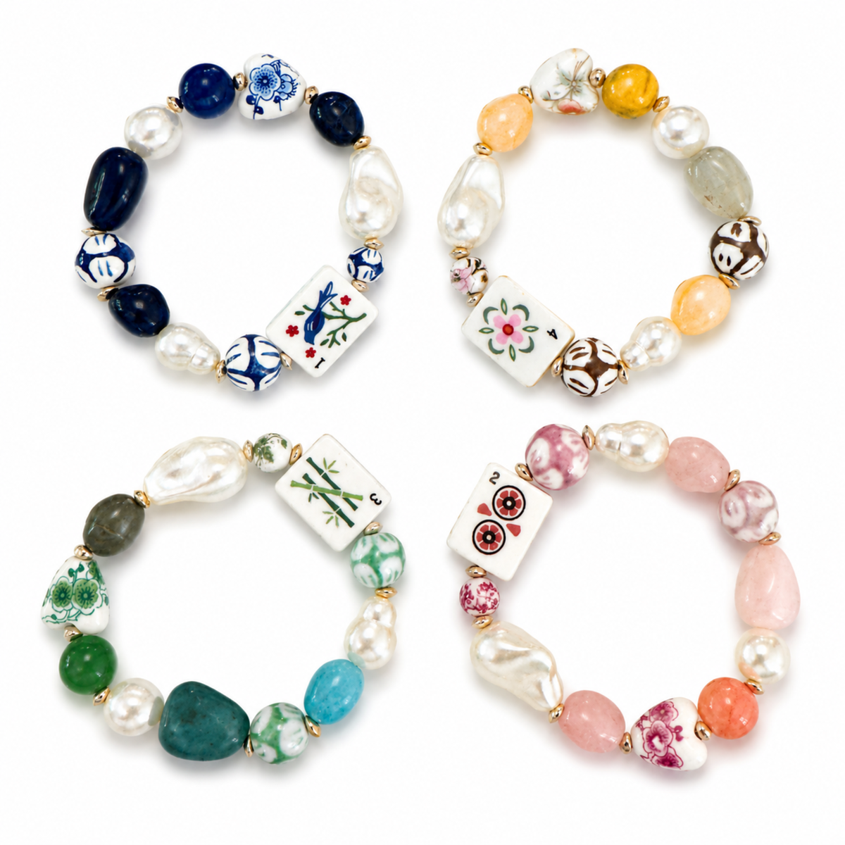 Mahjong Tile Mixed Bead Stretch Bracelet: Lucky Pink