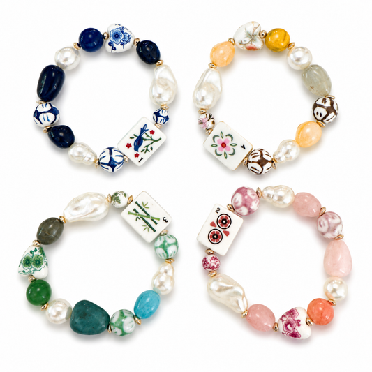 Mahjong Tile Mixed Bead Stretch Bracelet: Lucky Pink