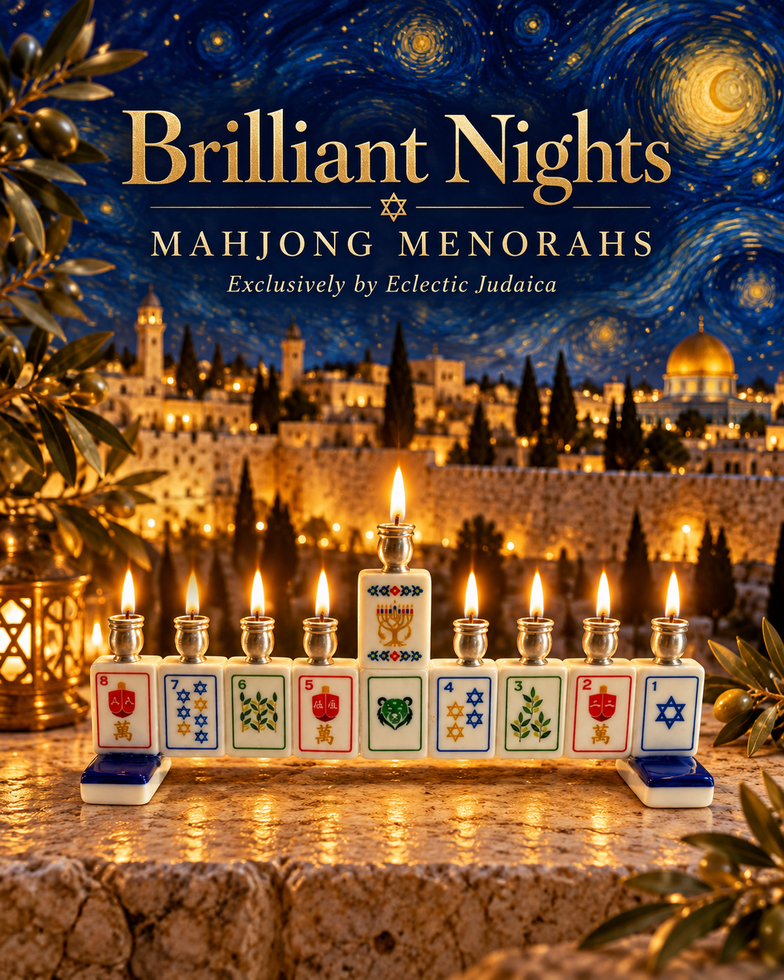 Handmade Mahjong Menorah Collection: Coastal Lapis Acrylic