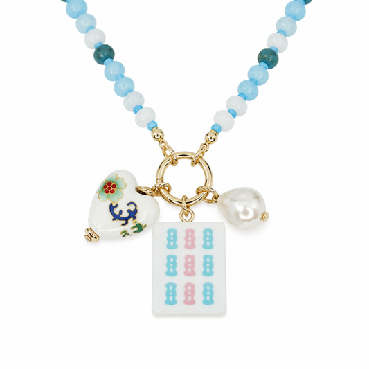 Ellison+Young Mahjong Tile Charm Beaded Necklace: Minty Bamboo