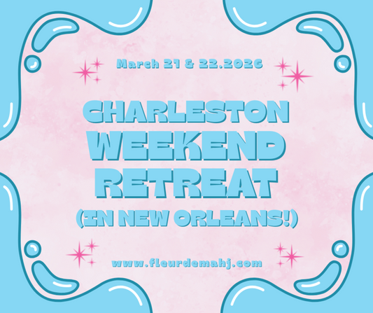 Promotional flyer for Charleston Weekend Retreat in New Orleans with blue and pink design elements.