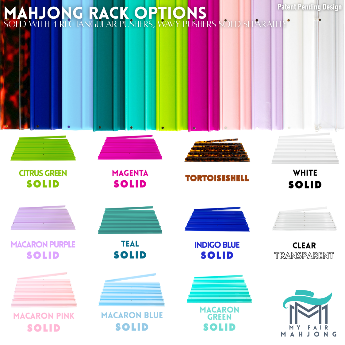 MAHJONG RACKS | Premium Acrylic | 4 Racks + 4 Pushers: Transparent Clear