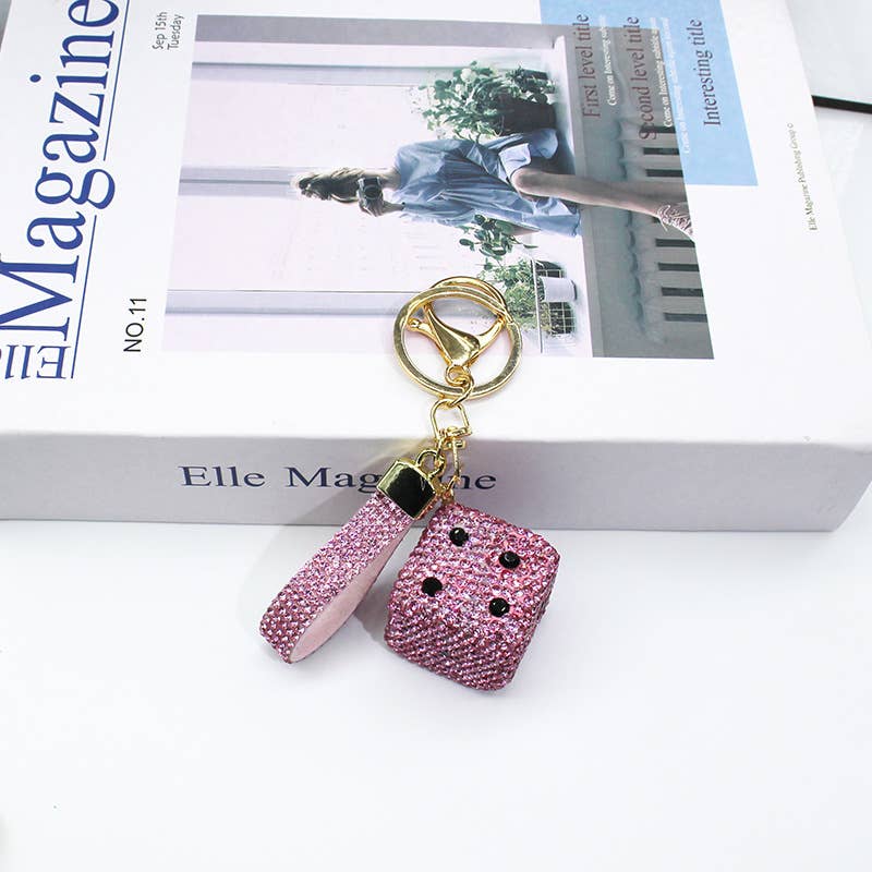 Full Rhinestone Dice Keychain Bag Charm With Wrist Strap: Blue OR Pink