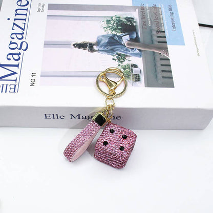 Full Rhinestone Dice Keychain Bag Charm With Wrist Strap: Blue OR Pink