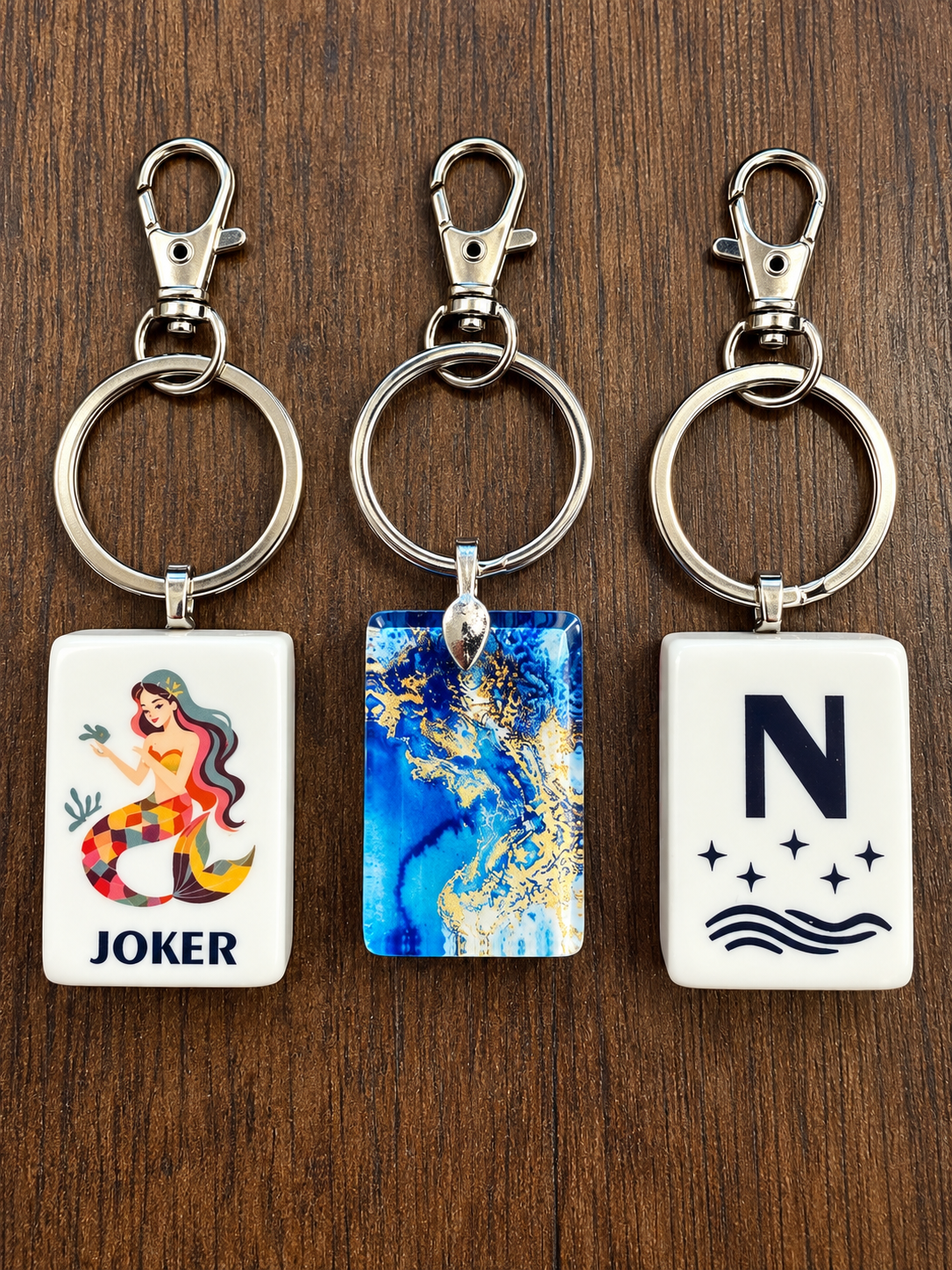 Real Mahjong Tile Keychains: Blue glitter
