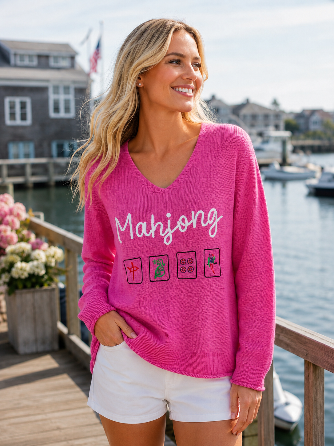 MAHJONG V-Neck Embroidered Sweater: Small