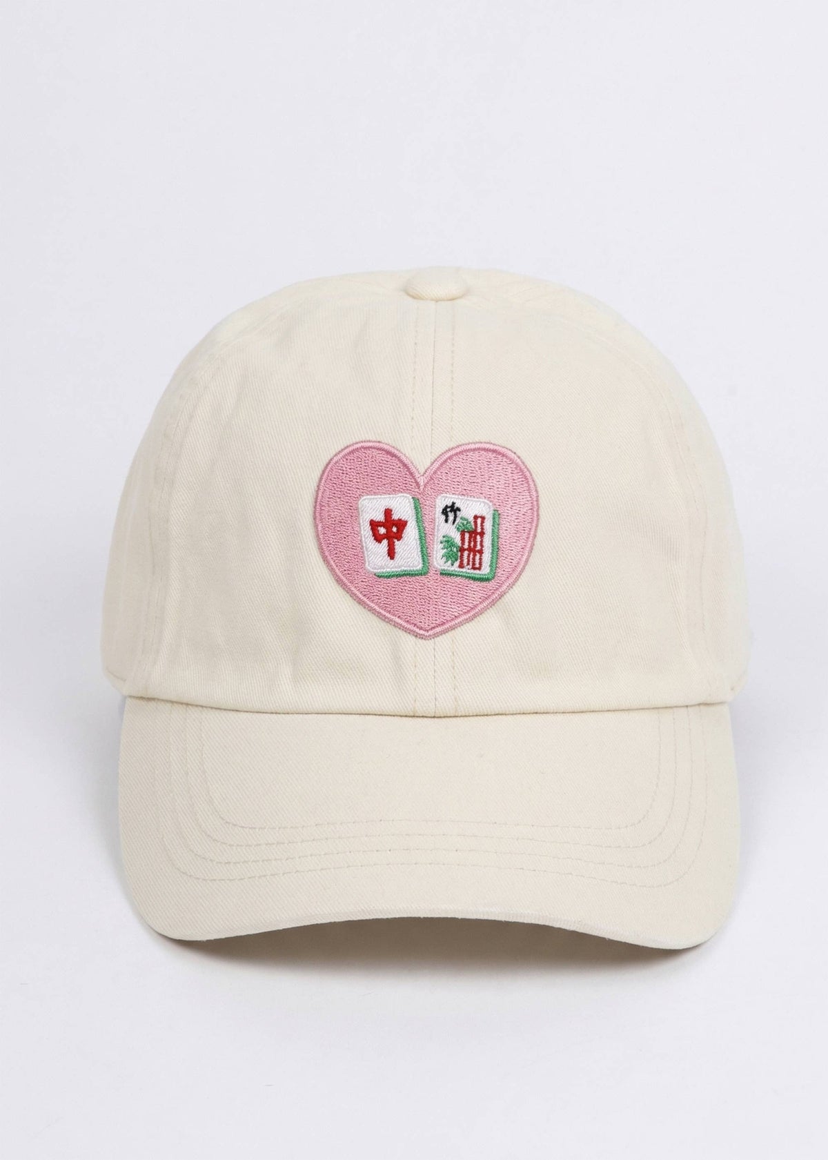 MAHJONG Heart Tiles Embroidered Baseball Cap: Beige
