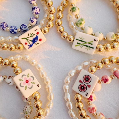 Mahjong Stretch Bracelet Stack – 3 Piece Beaded Set: Lucky Pink