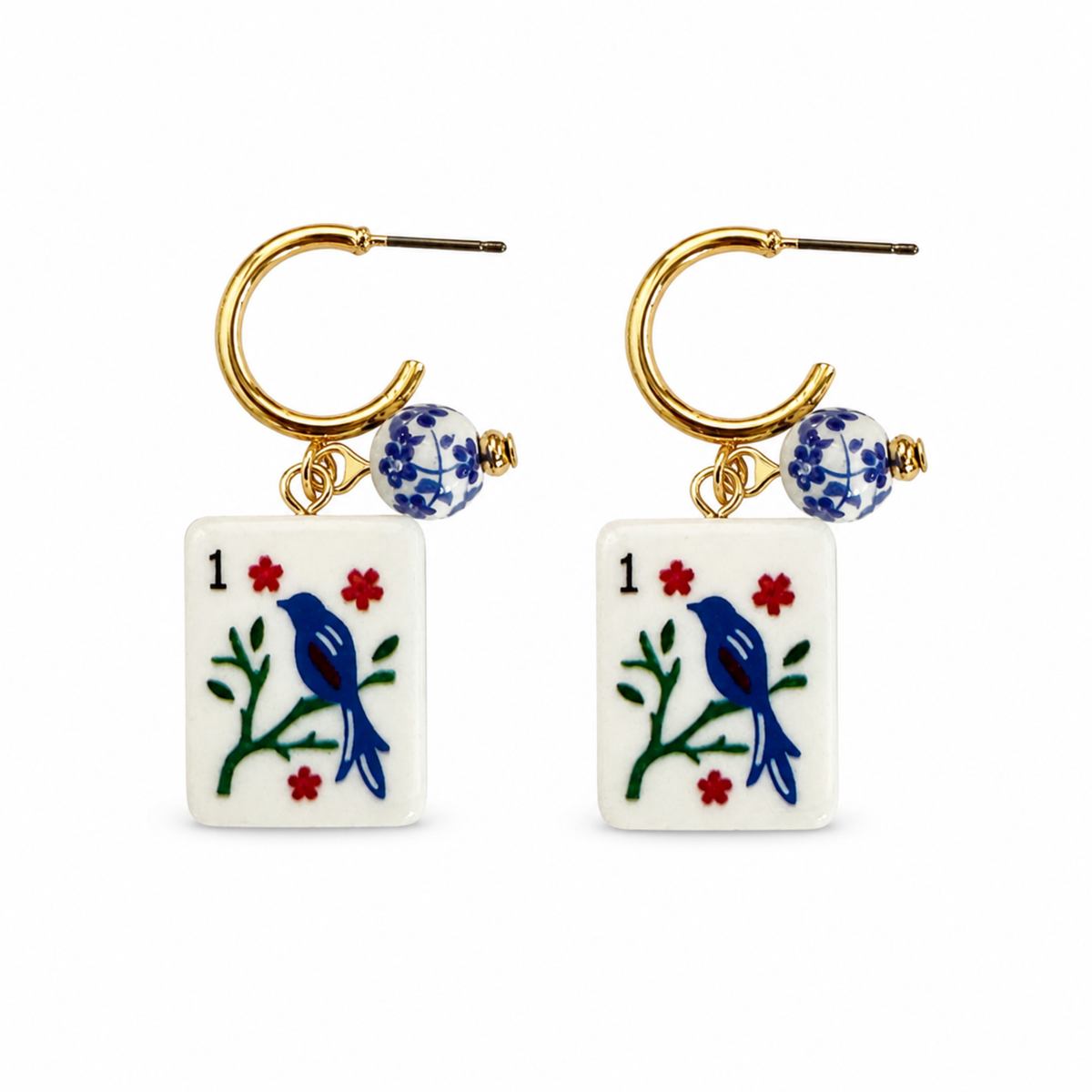 Ellison + Young Mahjong Tile Charm Hoop Earrings: Blue Bird