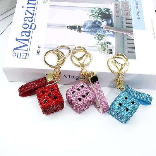 Full Rhinestone Dice Keychain Bag Charm With Wrist Strap: Blue OR Pink