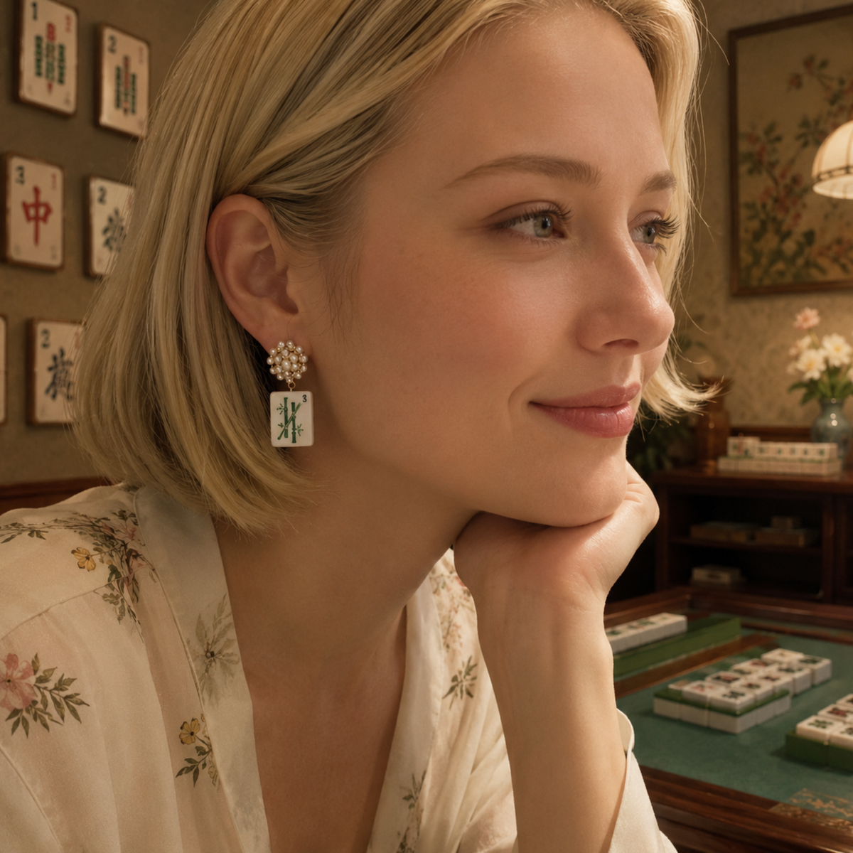 Ellison + Young Mahjong Tile Pearl Cluster Drop Earrings: Blue Bird