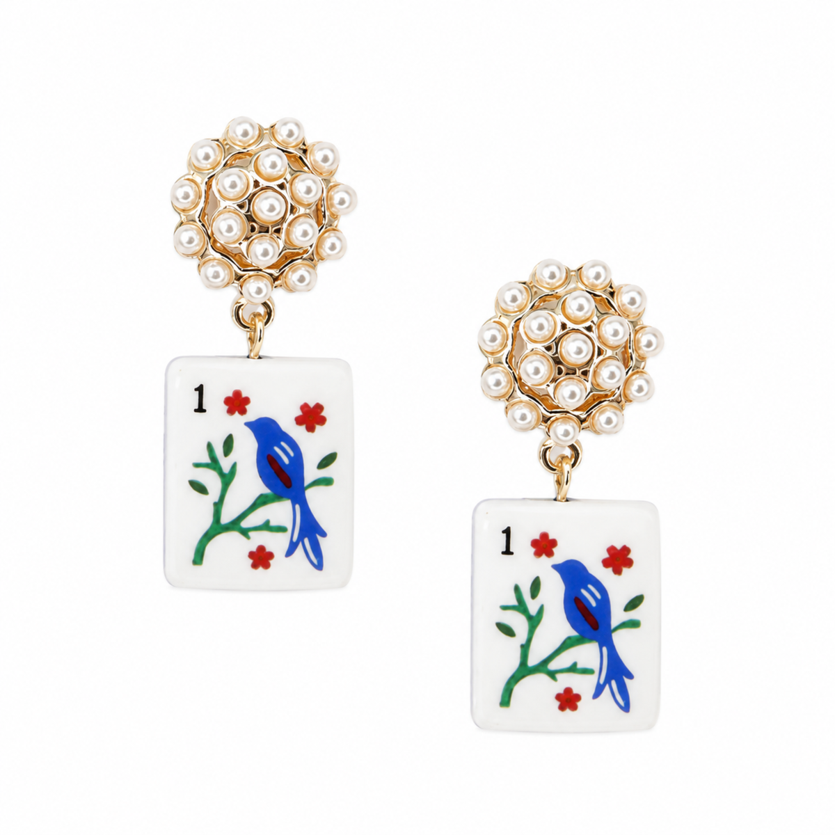 Ellison + Young Mahjong Tile Pearl Cluster Drop Earrings: Blue Bird