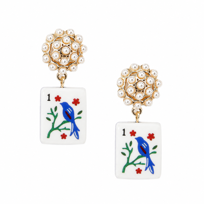 Ellison + Young Mahjong Tile Pearl Cluster Drop Earrings: Jade Bamboo