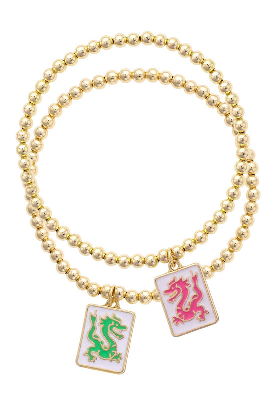Pair of Dragons Mahjong Ball Bead Bracelet Set of 2