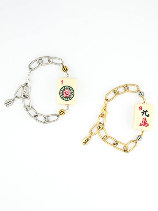 Mahjong Mah Jongg Tile Chain Bracelet with Real Tile: Silver