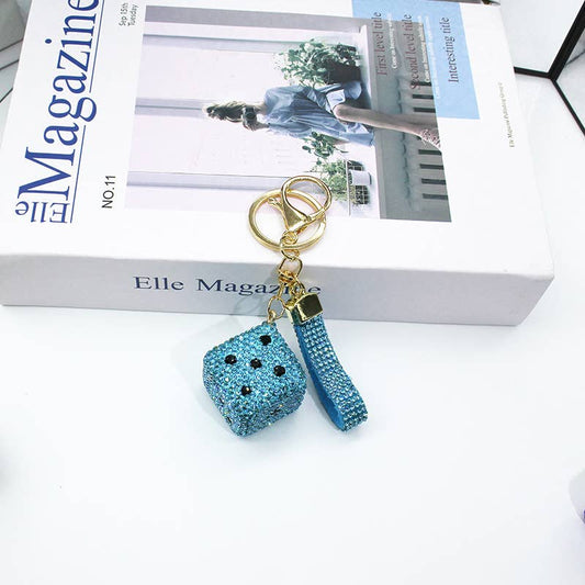 Full Rhinestone Dice Keychain Bag Charm With Wrist Strap: Blue OR Pink
