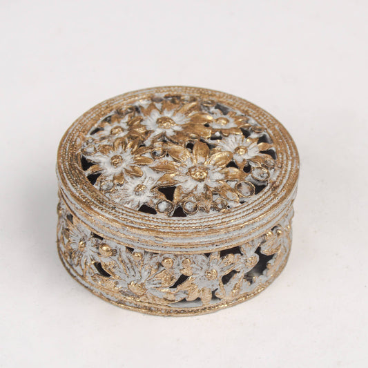 Distressed White & Gold Floral Trinket Box – Great for Dice!